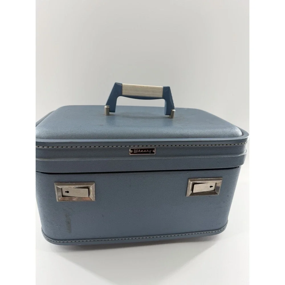 Vintage Wheary Train Case Travel Cosmetic Hard Luggage Suitcase Blue Retro